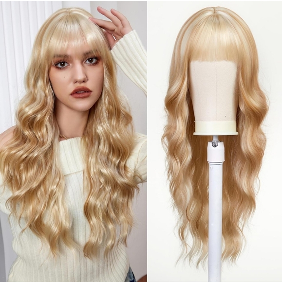 Long Curly Blonde Wigs With Bangs 24 inches - Picture 1 of 5